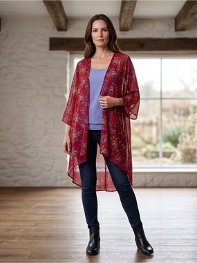 LuLaRoe Lightweight Layering Piece Burgundy Floral Sheer Kimono